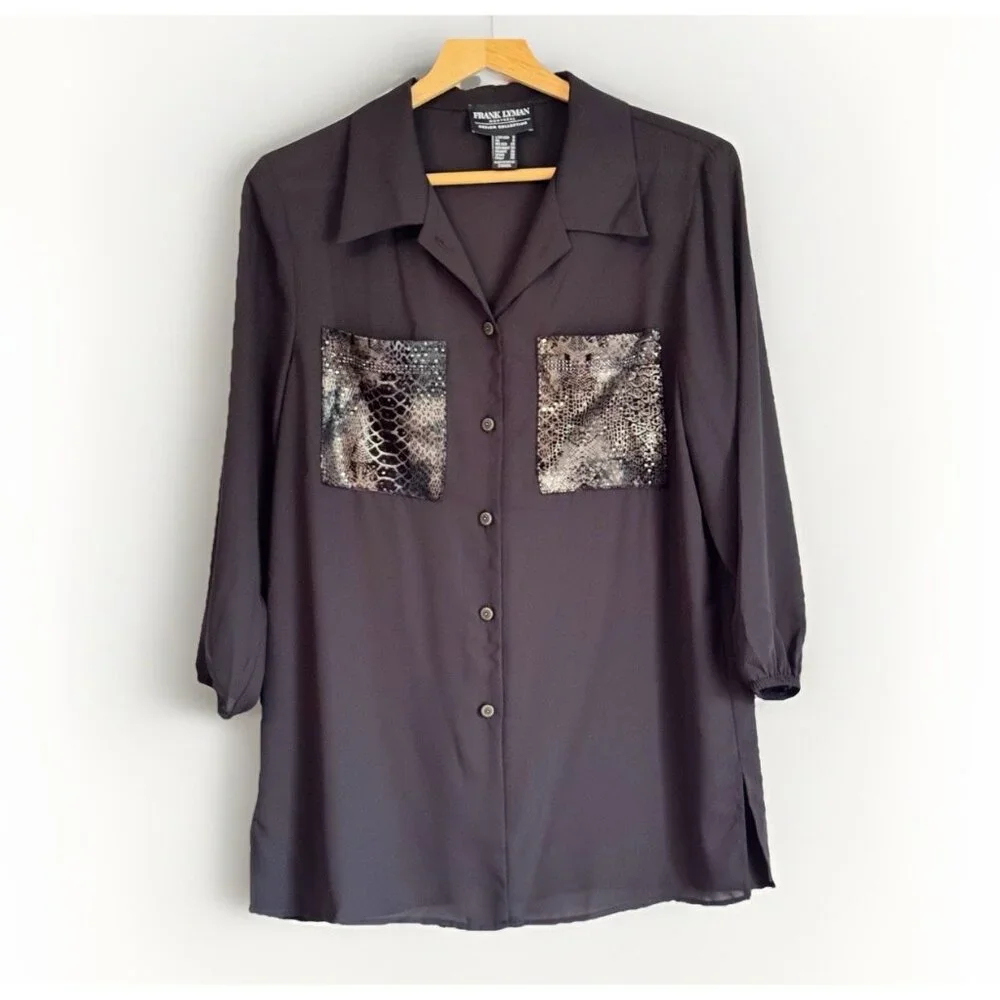 Frank Lyman Black Button Up Sheer Top Size 6 Snake Print Pockets Quiet Luxury